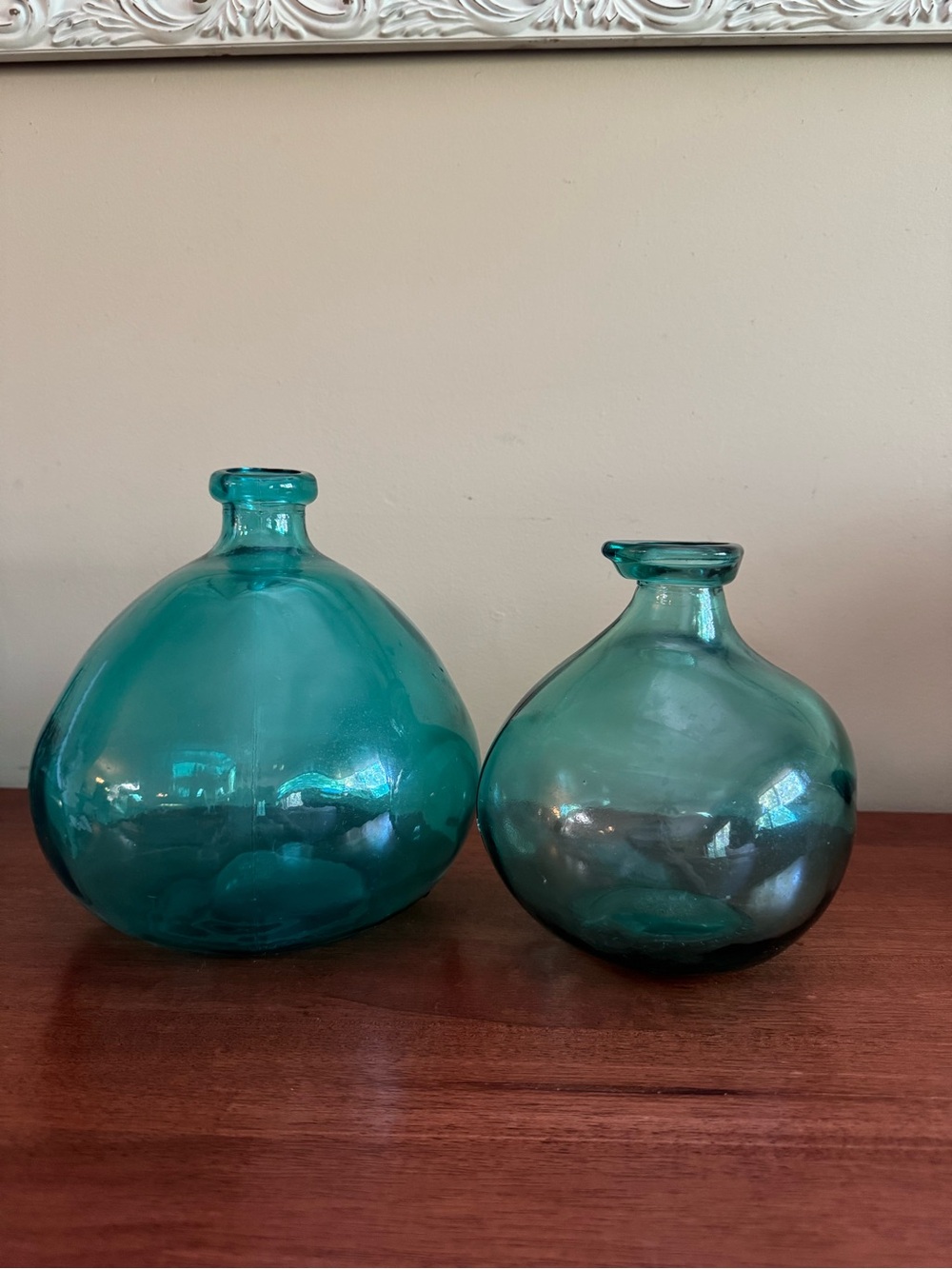 Set of 2 Blue-Green Glass Bottle Vases | Vintage Style Bud Vases | Coastal, Boho